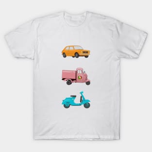 Iconic Italian Vehicles - Scooter, Rikshaw and Car T-Shirt